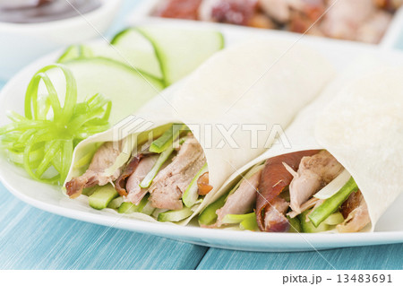 Peking Duck Wraps - Chinese roast duck wrapped in pancakes. Peking Duck Wraps - Chinese roast duck wrapped in pancakes. 13483691