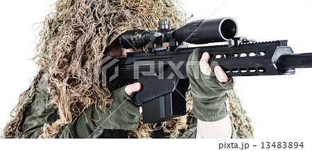 Army sniper wearing a ghillie suit Army sniper wearing a ghillie suit 13483894
