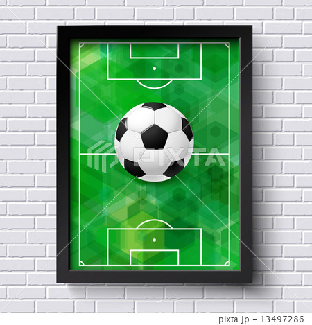 Abstract soccer poster. Image frame on white brick wall with foo Abstract soccer poster. Image frame on white brick wall with foo 13497286