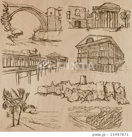 famous places and architecture - hand drawn vector 13497671