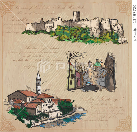 places and architecture - hand drawn vector pack 13497720