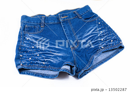 Blue jean shorts with a white background 13502287