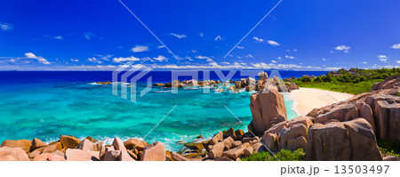 Panorama of tropical beach at Seychelles Panorama of tropical beach at Seychelles 13503497