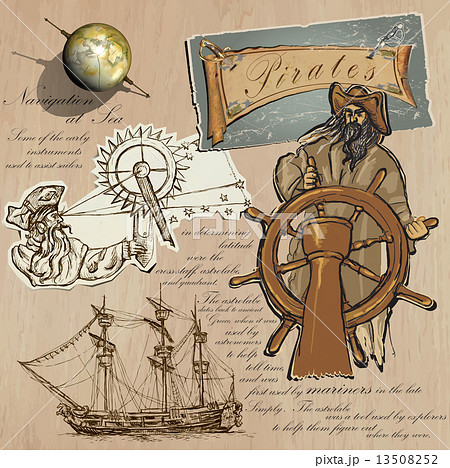 Pirates - Navigation at Sea. Hand drawn and mixed media - vector illustration Pirates - Navigation at Sea. Hand drawn and mixed media - vector illustration 13508252