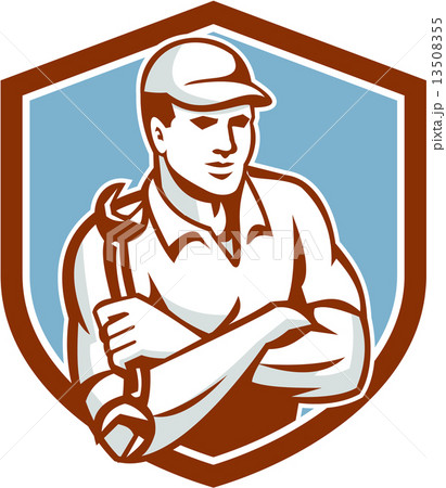Mechanic Holding Spanner Arms Crossed Shield 13508355