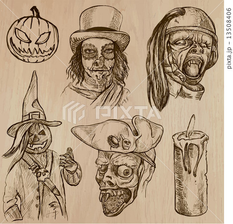 Collection of Halloween monsters doodle drawing such as Jack o