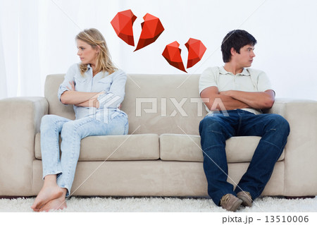 Composite image of a couple sit at the two ends of the couch wit 13510006