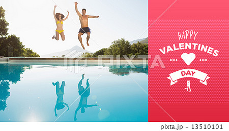 Composite image of cheerful couple jumping into swimming pool Composite image of cheerful couple jumping into swimming pool 13510101