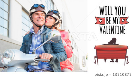 Composite image of happy senior couple riding a moped 13510875
