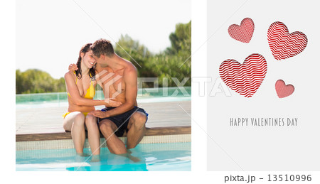 Composite image of gorgeous couple sitting poolside on holidays 13510996
