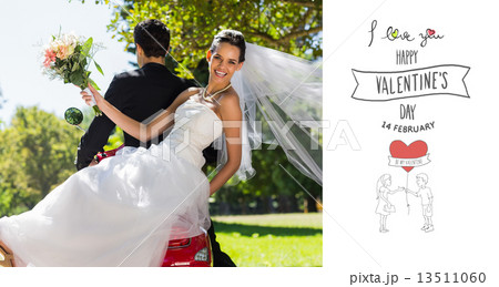 Composite image of newlywed couple sitting on scooter in park 13511060