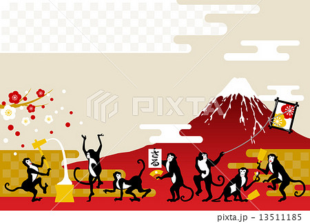 サルと赤富士と正月の風物詩のイラスト素材