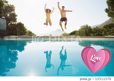 Composite image of cheerful couple jumping into swimming pool Composite image of cheerful couple jumping into swimming pool 13511570