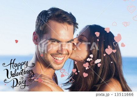 Composite image of attractive woman kissing her boyfriend on the Composite image of attractive woman kissing her boyfriend on the 13511666