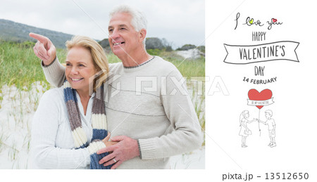 Composite image of cheerful romantic senior couple at beach 13512650