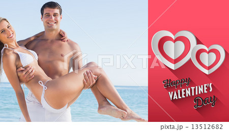 Composite image of man carrying his pretty girlfriend smiling at 13512682