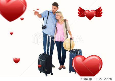 Composite image of attractive young couple ready to go on vacati Composite image of attractive young couple ready to go on vacati 13512776