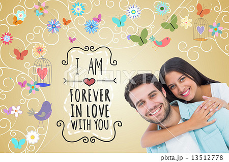 Composite image of happy casual man giving pretty girlfriend pig Composite image of happy casual man giving pretty girlfriend pig 13512778
