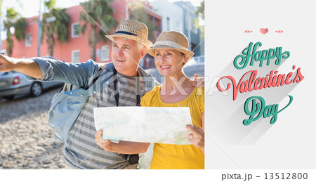 Composite image of happy tourist couple using map in the city Composite image of happy tourist couple using map in the city 13512800