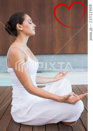 Composite image of content brunette in white sitting in lotus po Composite image of content brunette in white sitting in lotus po 13512908
