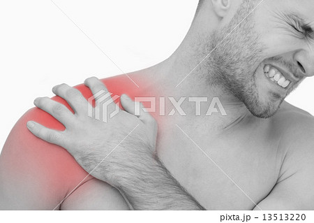Young shirtless man with shoulder pain 13513220