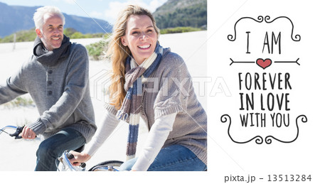 Composite image of carefree couple going on a bike ride on the b 13513284