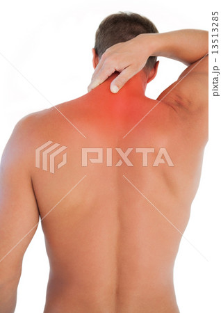 Shirtless man with shorts having a neck ache 13513285