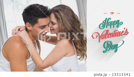 Composite image of couple sitting in bed at home 13513341
