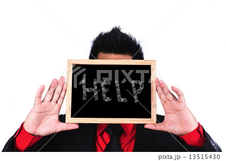 Businessman standing and holding black board with help Businessman standing and holding black board with help 13515430