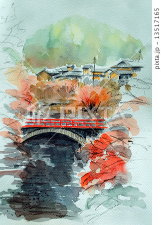 京都 高雄の秋 秋 紅葉 日本の家 民家 故郷 ふるさと レトロ 紅葉のイラスト素材