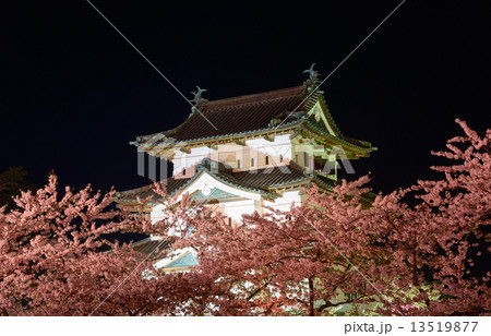 青森 弘前公園の桜のライトアップと弘前城天守閣の写真素材