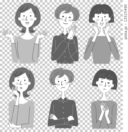 女性 ３人 表情 いろいろ モノクロのイラスト素材