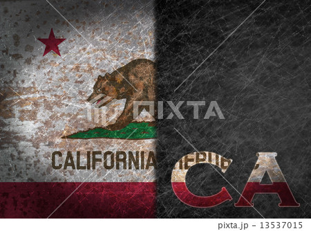 Old rusty metal sign with a flag and US state abbreviation 13537015