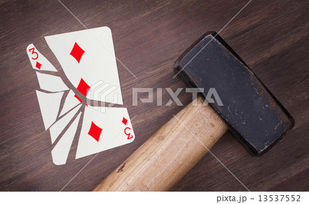 Hammer with a broken card, three of diamonds Hammer with a broken card, three of diamonds 13537552
