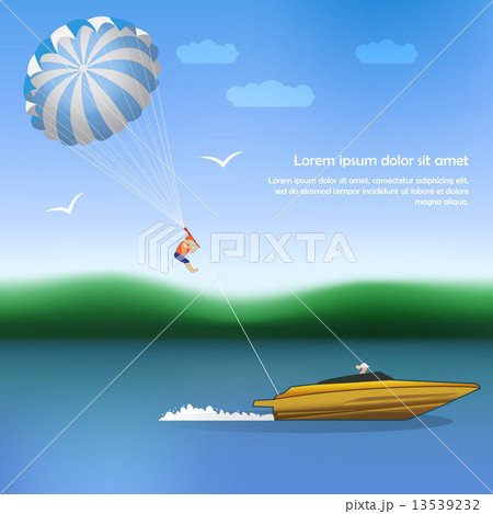 Summer parachuting over river with boat.  13539232