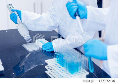 Science students using pipettes to fill test tubes 13548436