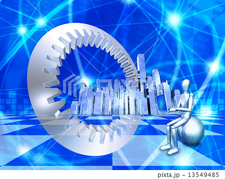 歯車と都市とインターネット網のイラスト素材