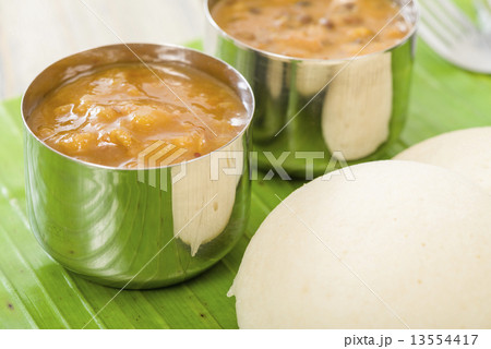 Idli, Chutney and Sambar - Indian steamed rice cakes and sides Idli, Chutney and Sambar - Indian steamed rice cakes and sides 13554417