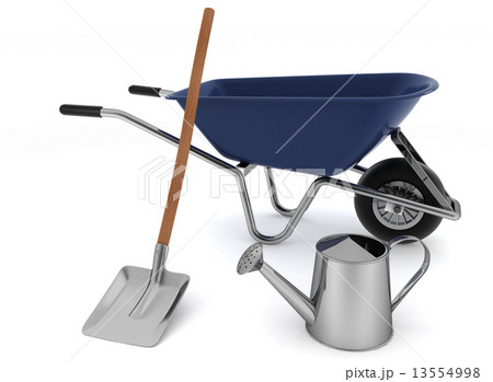 Garden tools. Garden wheelbarrow, watering can and a shovel Garden tools. Garden wheelbarrow, watering can and a shovel 13554998