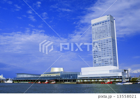 夏の青空を背景にそびえ立つ朱鷺メッセ 13558021