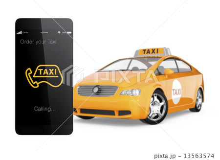 タクシーとスマホ用配車アプリコンセプトのイラスト素材 タクシーとスマホ用配車アプリコンセプトのイラスト素材