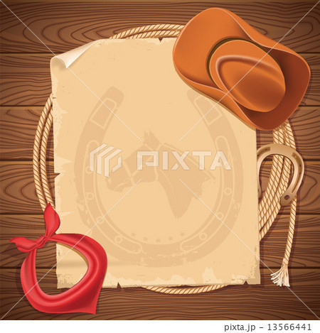 Wild west background with cowboy hat and american lasso on wood 13566441