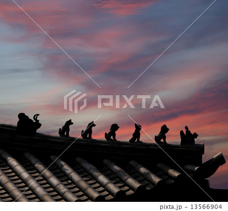 Traditional decoration of the roof (contour) of a Buddhist temple, Xian (Sian, Xi'an), China 13566904
