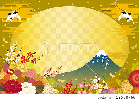 富士山と鶴と花の背景のイラスト素材