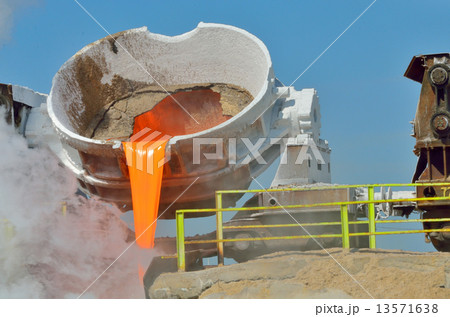The molten slag is poured from a cup The molten slag is poured from a cup 13571638