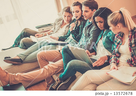 Group of students preparing for exams in apartment interior 13572678