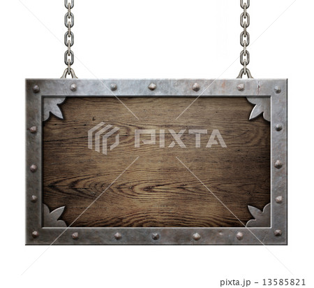 wood medieval sign with metal frame isolated  13585821
