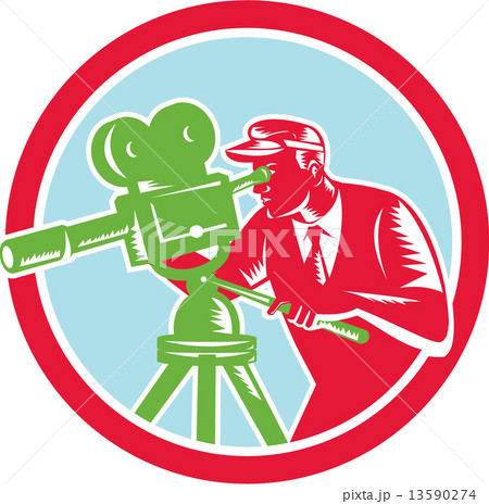 Cameraman Vintage Movie Camera Woodcut 13590274
