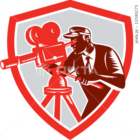 Cameraman Vintage Movie Camera Shield Woodcut 13590275
