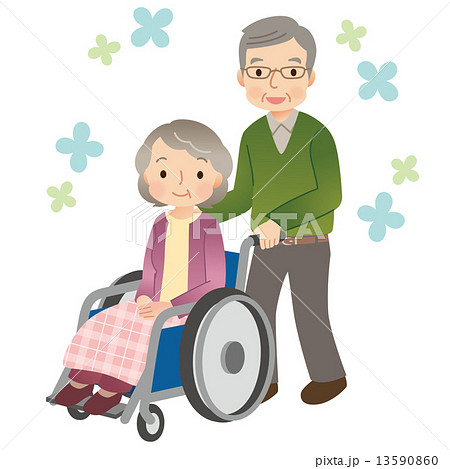 車椅子に乗る高齢者 夫婦 老老介護のイラスト素材